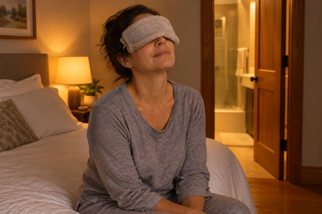 Person applying a warm washcloth compress to closed eyes before bed