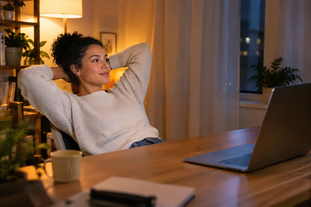 Person seated an arm's length from a laptop screen in a softly lit room