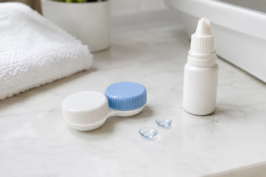Contact lens case and lenses on a bathroom counter next to an eye drop bottle
