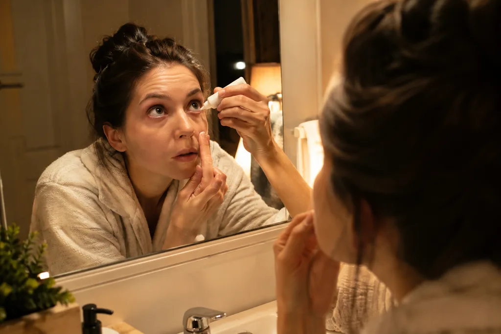Person applying lubricant eye gel to the lower eyelid before bed