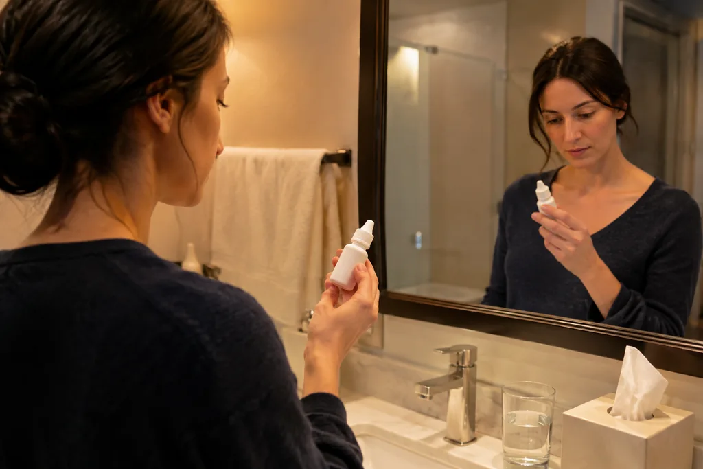 Person checking an eye drop label at a bathroom mirror before use