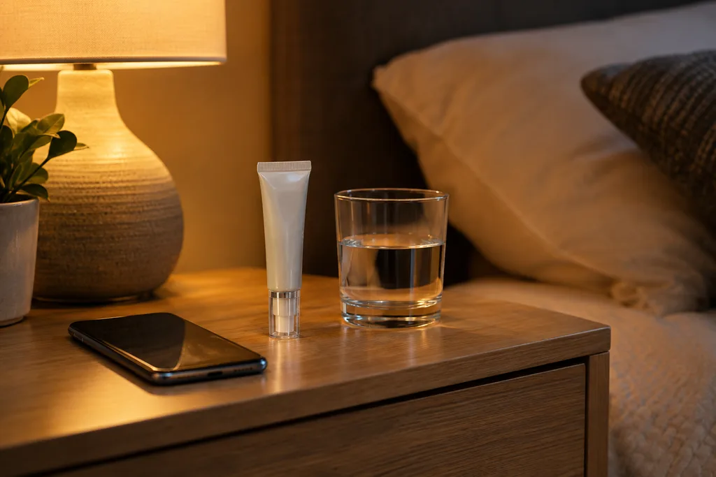 Lubricant eye gel tube on a bedside table in the evening