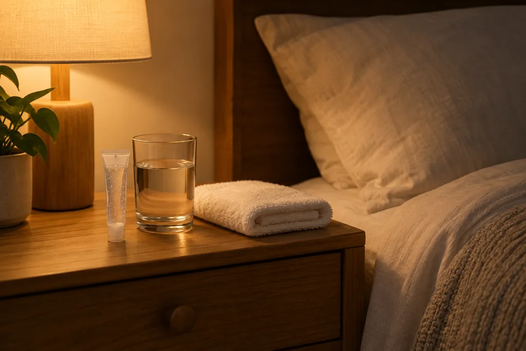 Lubricant eye gel tube on a bedside table as part of an evening eye-care routine