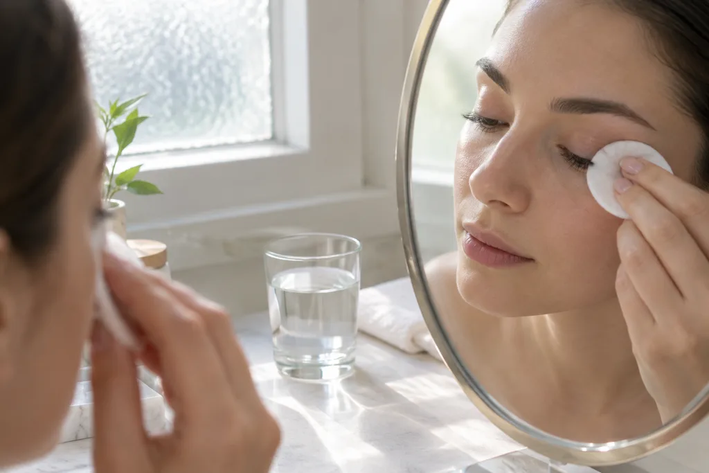 Person cleaning along the eyelash line after a warm compress routine